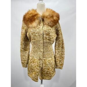 VTG Fox Fur Collared Sweater Yellow Brown Handmade Knitted Cardigan 80s‎ Retro